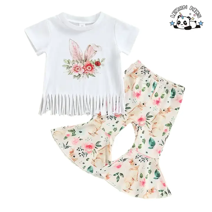 LEZONKIDS - Conjunto de Roupas de Meninas com Logo Personalizado, Camiseta de Manga Curta com Borla de Coelho de Desenho Animado e Calças Flared Impressas para Festas de Páscoa